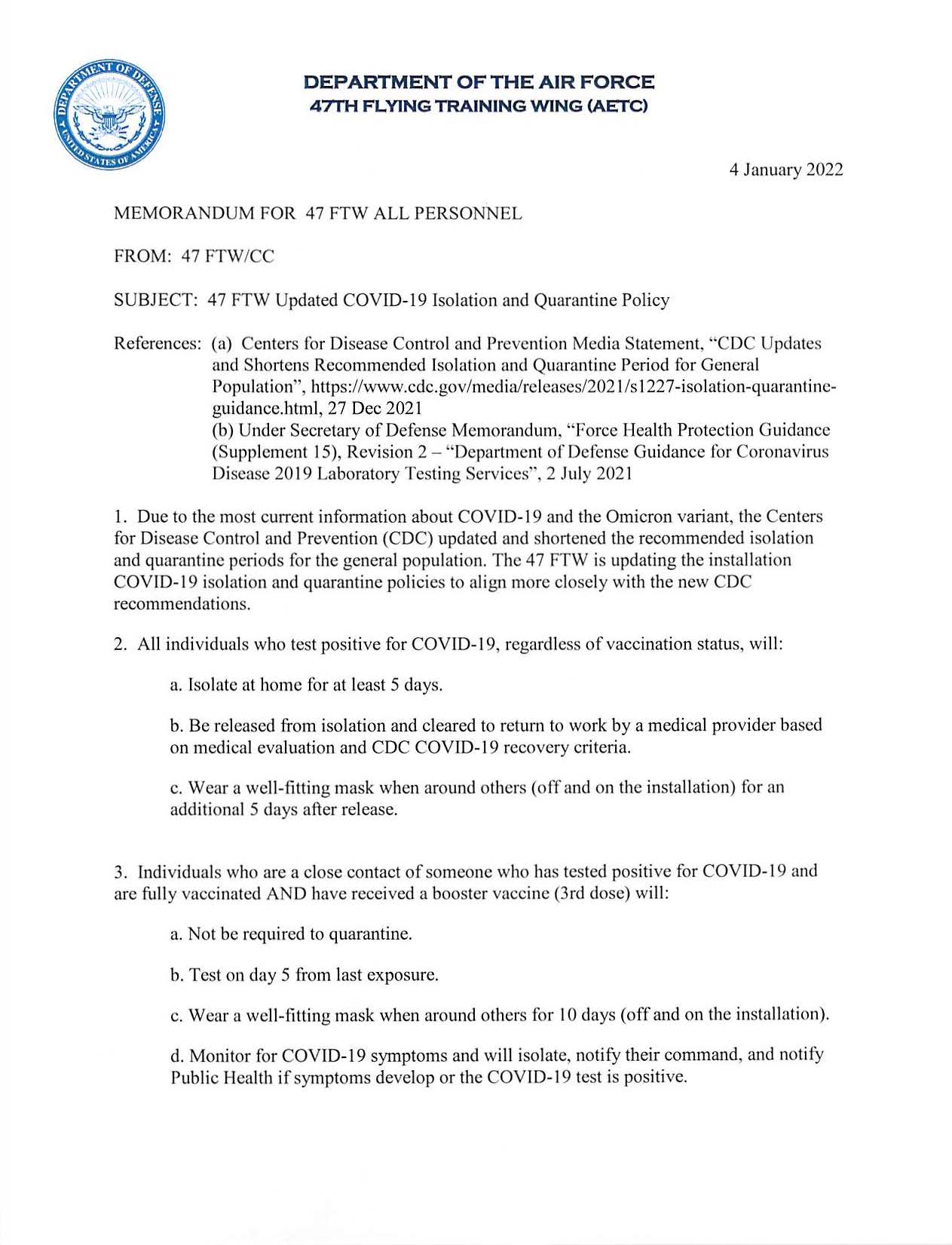 Quarantine & Isolation Policy Effective January 3rd, 2022